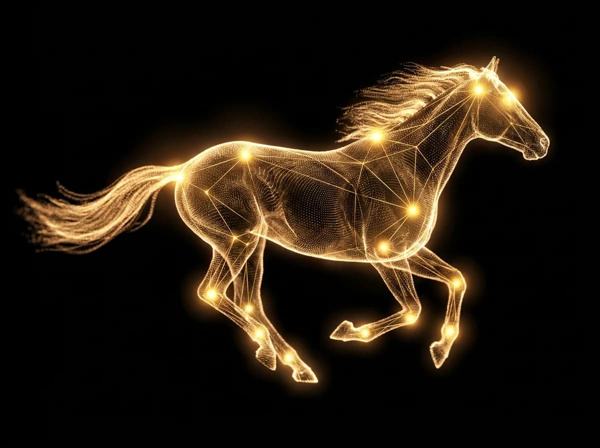 A thoroughbred at full gallop, drawn as a cloud of data points with the model's reference nodes lit at each joint